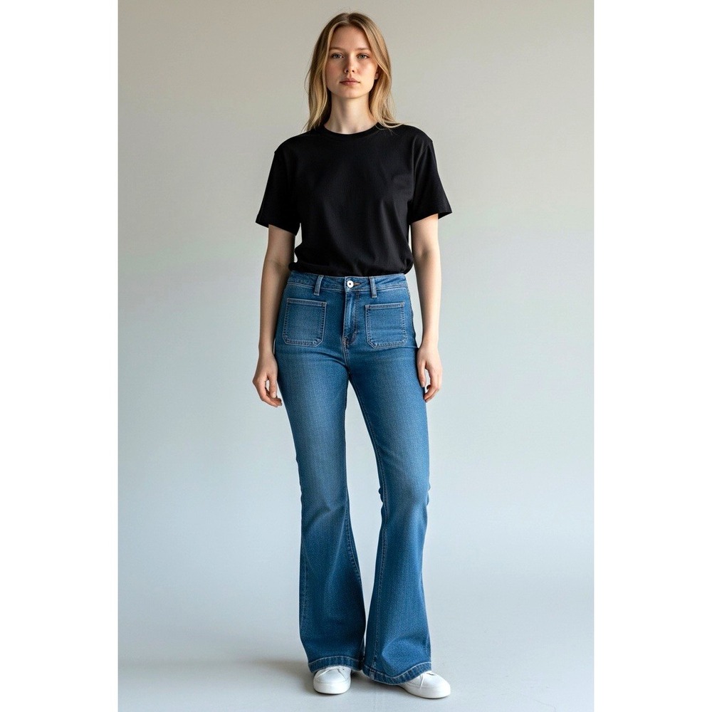Eunina Womens High Rise Flare Jeans Blue Denim Cotton Blend Patch Pockets